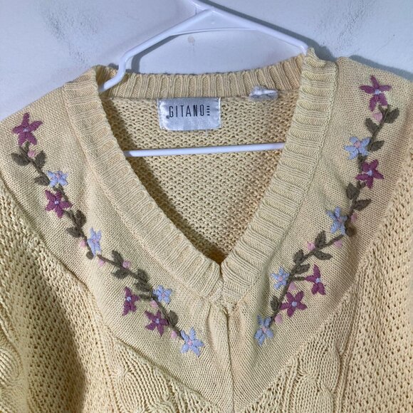 Womens Vintage 80s Gitano V Neck Cable Knit Sweater Floral Yellow L 3/4 Sleeve - Picture 4 of 8